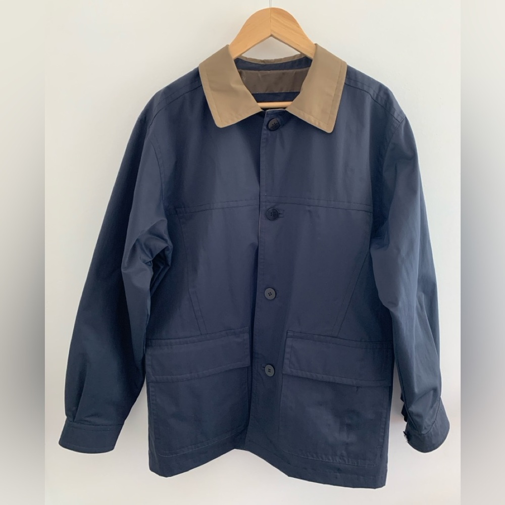 RFT Rainforest Chore Jacket Navy Blue Men's Jacket with Tan Collar Medium
